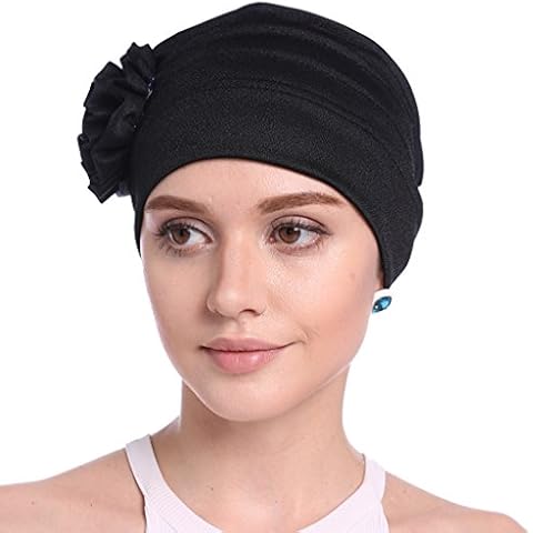 Upsmile Women Chemo Cap, Soft Sleep Turban Headwear Hat with Elegant Strench Side Flower Pleated Skull Caps for Cancer Patients Black Cover