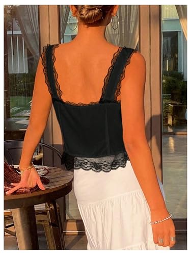 SOLY HUX Women's Y2k Lace Trim Open Tie Front Tank Top V Neck Sleeveless Tops Plain Black Medium-12