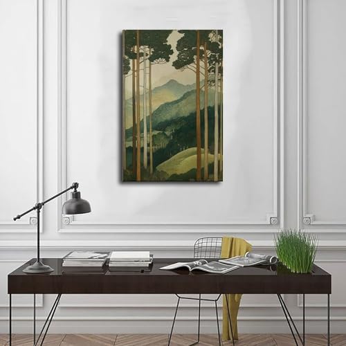 Art rétro de paysage de montagne de forêt affiche toile salon