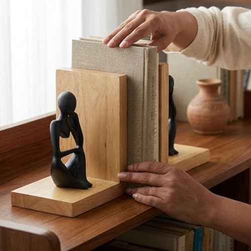 Image of eCraftIndia Wooden Book End with Resin Thinker Statues Showpiece for Home Decor Office Table | Gift for Housewarming Birthday