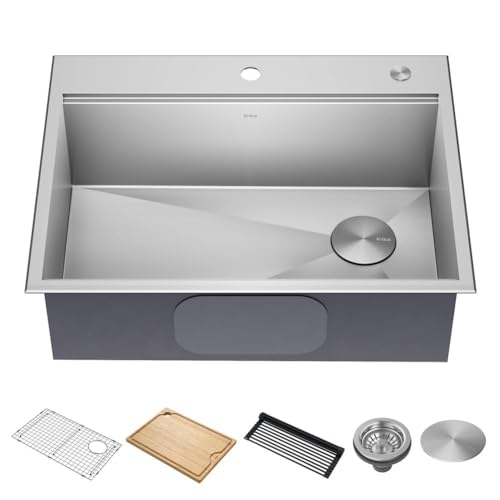 KRAUS Kore 28-Inch Drop In/Top Mount Workstation 16 Gauge Single Bowl Stainless Steel Kitchen Sink with Accessories, KWT310-28