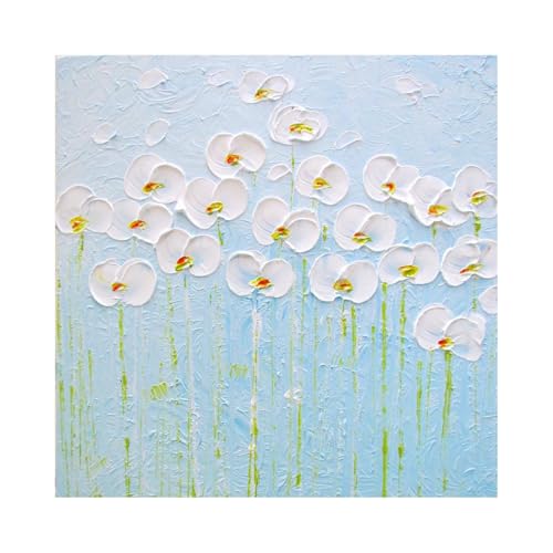 Peinture à l'huile sur toile moderne 120x120 art abstrait salon et fleurs blanches