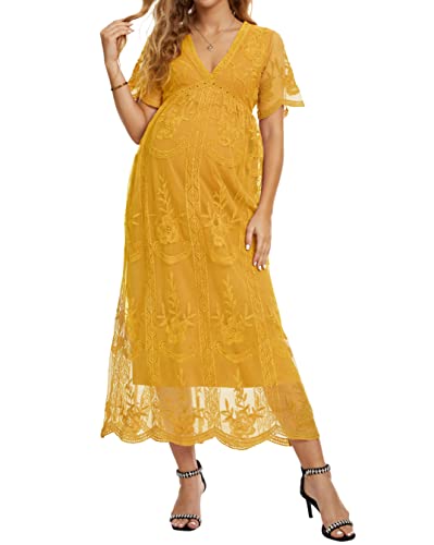 Femmes Casual Boho Col V Dentelle Robe de Maternité Robe de Mariée pour Photographie Maxi Robe, jaune, S Cover