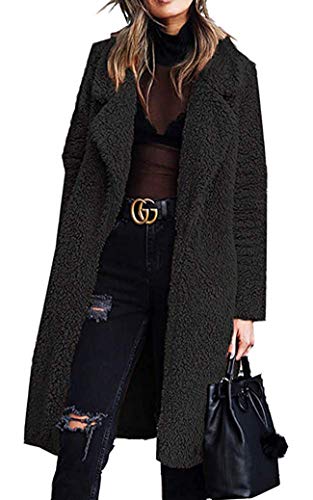 Women's Fuzzy Fleece Coat Lapel Open Front Long Faux Fur Shaggy Cardigan Coat Warm Winter Shearling Outwear Parka with Pocket (Black,US M, Tag L)