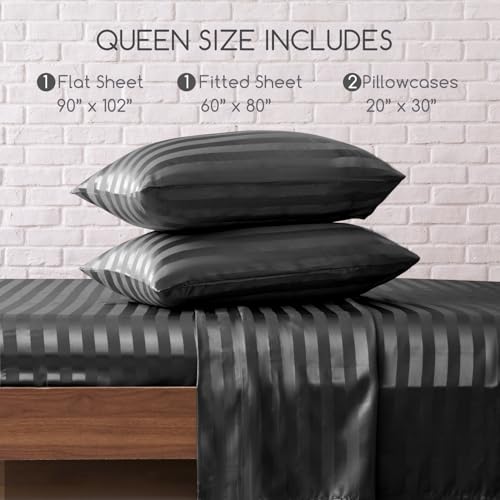 Image of MR&HM Satin Bed Sheets, Queen Size Sheets Set, 4 Pcs Silky Bedding Set with 15 Inches Deep Pocket for Mattress (Queen, Dark Grey Striped)