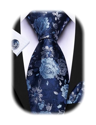 Image of Barry.Wang Flower Ties for Men Silk Woven Floral Tie Sets Necktie Handkerchief Cufflinks Wedding Party