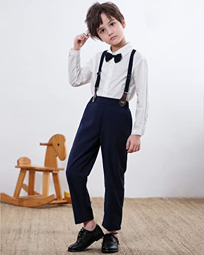 Sangtree Baby Boys Dress Clothes, Toddlers Boys Long Sleeves Button Down Dress Shirt With Bowtie + Suspender Pants Set Gentlemen Outfit, 1# White, Tag 90 = 18-24 Months #TOP1