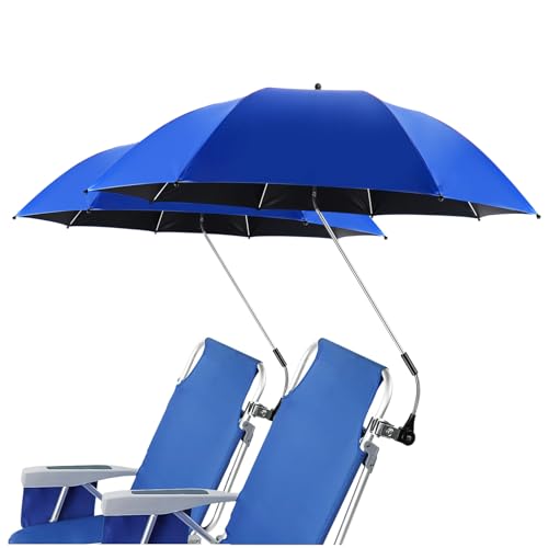 panthem 2 PACK Beach Umbrella with Universal Clamp, UPF 50+ 360 ° Adjustable Shade Umbrella, Portable Parasol for Camping Chair, Wheelchair, Patio Chairs, Golf Carts, Balcony (Blue, No Chair)