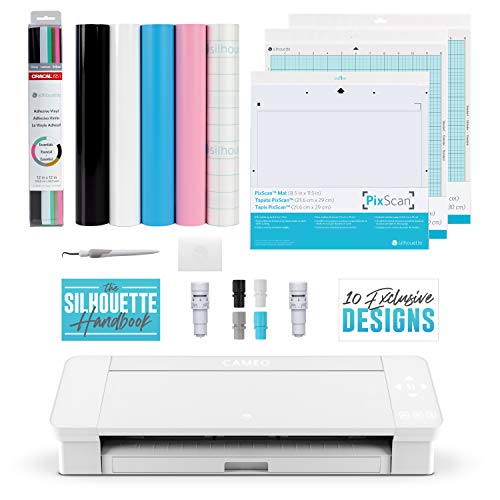 Silhouette Cameo 4 Vinyl Bundle 10 Sheets of Vinyl, Hook, Scraper, Transfer Tape, 20 Designs, AutoBlade, PixScan, 12â€ Cutting mat, Silhouette Handbook