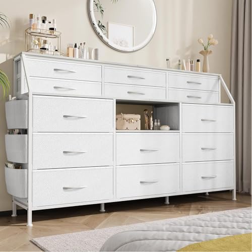 Garvee Commode avec 14 Tiroirs en Tissu, Meuble de Rangement et Meuble TV avec Structure Métal, Étagères Ouvertes & Plateau Bois, pour Chambre, Salon, Couloir, Entrée, Blanc