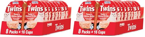 Image of INABA Twins for Cats, Grain-Free Shredded Chicken & Broth Gelee Side Dish Cups, Tuna & Chicken Recipe, 1.23 Ounces per Serving, 19.68 Ounces Total 1 Count (Pack of 32)