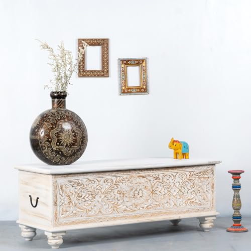 Image of Wifo Solid Wood Coffee Table for Living Room Wooden Trunk Box for Storage | Handcrafted Center Table for Living Room with Sandook Storage | Pitara for Home and Bedroom (White Distress)
