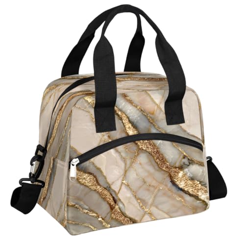 FengQuGou Beige Marble Gold Insulated Lunch Bags for Women Girls Adult Ethnic Reusable Lunch Tote Therma Cooler Bag with Shoulder Strap Lunch Box for School Work Office Picnic Meal Prep Bag