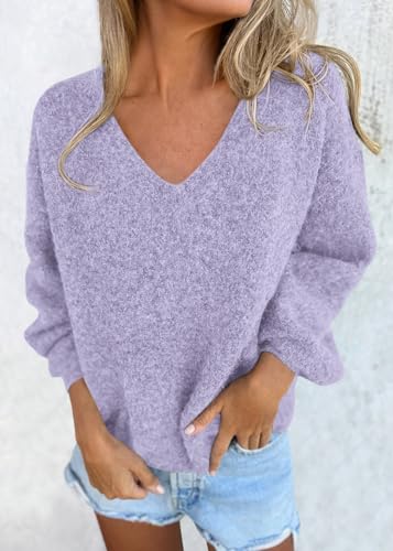 KIRUNDO Sweaters for Women Fall 2026 Oversized V Neck Cozy Cute Casual Long Sleeve Knit Pullover Trendy Winter Clothing(Light Purple, XX-Large) — view 3