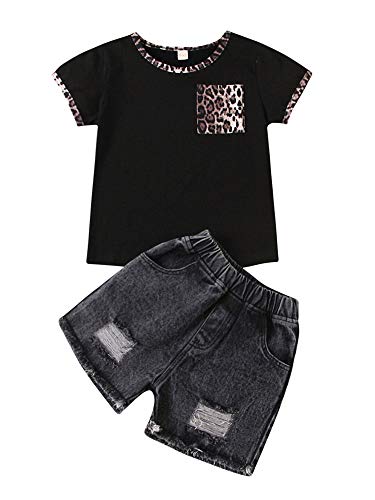 Toddler Kids Summer 2Pcs Baby Girl Off Shoulder Lace Flower Sling Tops with Ripped Shorts Jeans Clothes Set (N# Black T-Shirt & Denim Shorts, 3-4 Years)
