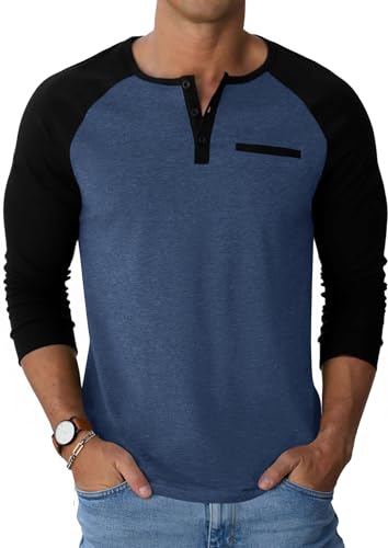 Runcati Mens Henley Shirts Raglan Long Sleeve Casual T-Shirts Color Block Button Shirt Vintage Tops with Pocket