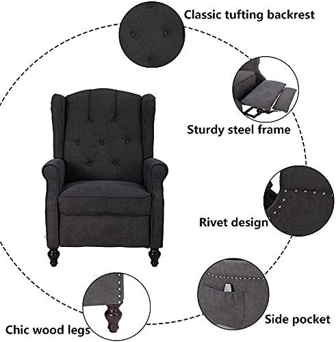 Wingback Recliner Chair, Accent Chair With Massage And Heating, Tufted Upholstered Comfy Reading Sofa, Mid-Century Modern Armchair For Living Room Bedroom, Wooden Leglinen Fabric, Dark Gray-Set Of 2 #TOP3