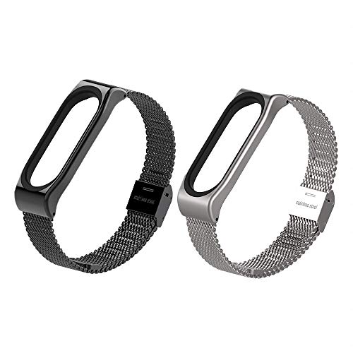 PINHEN Bands Compatible with Mi Band 5 Strap/Xiaomi Mi Band 3 / Mi Band 4 /Mi Band 5 Wristbands Metal Replacement Adjustable Wrist Straps Compatible with Mi Fitness Tracker Smart Band (2pcs)
