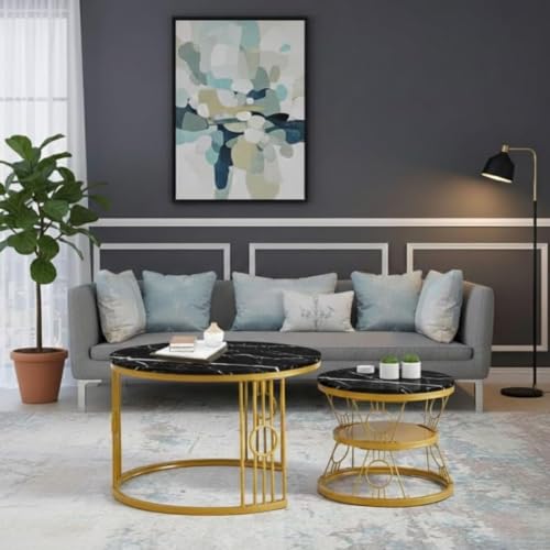 Image of Modern Nested Coffee Table Set of 2 | Round Marble Finish Tabletop with Metal Base | Luxury Center Table for Living Room, Lounge & Office (Ring Black Gold)