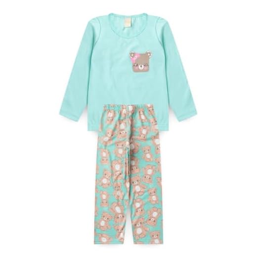 Pijama Longo Infantil Menina Blusa e Calça Ursinha Carinhosa (Verde, 3)