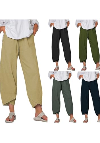TYQQU Women's Modest Trendy Cotton Linen Pants with Pockets Baggy Flowy High Waist Pant Loose Comfy Lounge Pant2