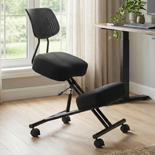 Image of Kneeling Chair with Backrest Adjustable Linen Ergonomic Home Office Chair | Improve Posture Chair with Brake Rolling Wheels Thick Cushion Work Stool Back Pain Relief
