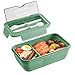 Dolinvo Fiambrera para Estudiantes Trabajadores de Oficina con Cubiertos 2 Compartimentos Hermética Caja Bento Box Escolar Portátil de Gran Capacidad Reutilizable Apto para Microondas (Verde 1100ml)