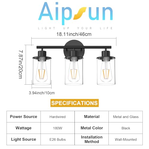 Image of Aipsun Bathroom Vanity Light Farmhouse 3 Light Matte Black Vanity Lighting Fixtures with Clear Glass Shade(Exclude Bulb)