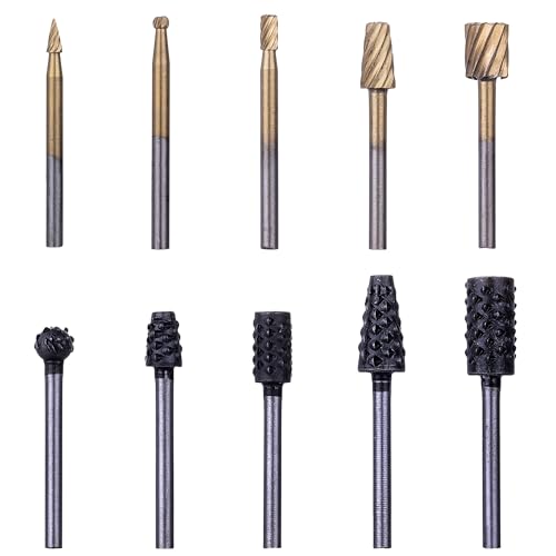 NordWolf 10-Piece Wood Carving Rasp Files Set for Rotary Tools, with 1/8 Straight Shank for Woodworking, Deburring, Shaping & Grooving in Storage Case