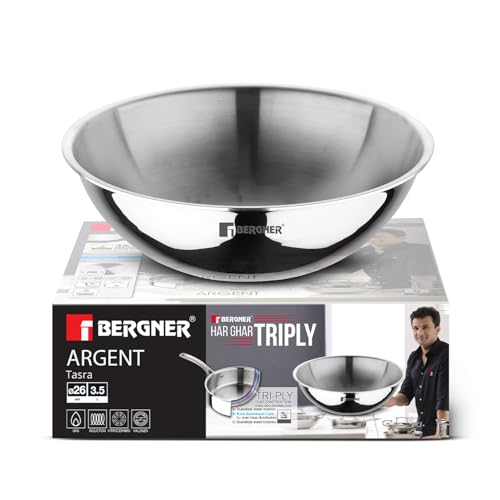 Image of BERGNER Argent Triply Stainless Steel Tasra /Tasla Without Lid, 26cm (3.6 L), Consumes Less Oil, Healthy Cooking, Faster and Even Heat Distributio, Easy to Clean - Induction and Gas Stove Ready