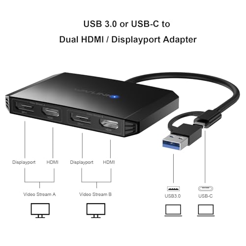 Image of WAVLINK USB C or USB 3.0 to Dual HDMI /DisplayPort Adapter, Displaylink Monitor Splitter Extended Display for Dual Monitor 4K@60Hz, HDMI /DP Splitter Compatible with Mac M1-M5 /Neo,Window Laptop-Black