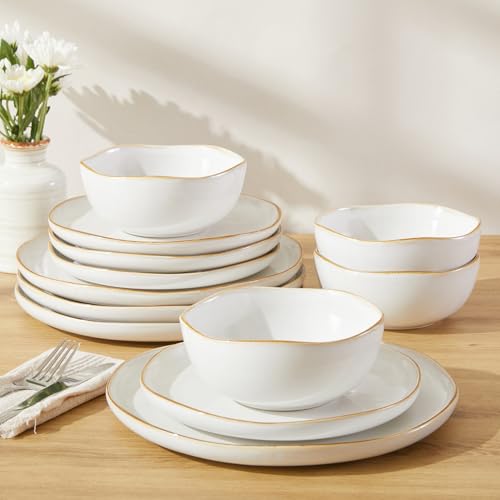 Image of Pokini Dinnerware Set for 4, Ceramic Dish Set, Plate and Bowl Set, Microwave & Dishwasher Safe Dishware Set, Chip & Scratch Resistant Dinner Sets, Irregular Edge Design, White