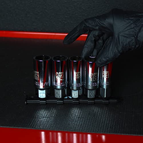 Abn 3/8 Inch Drive Sae And Metric Spark Plug Socket Set 6 Pt Spark Plug Tool Set With Rubber Rings And Socket Rail, 5Pc #TOP2
