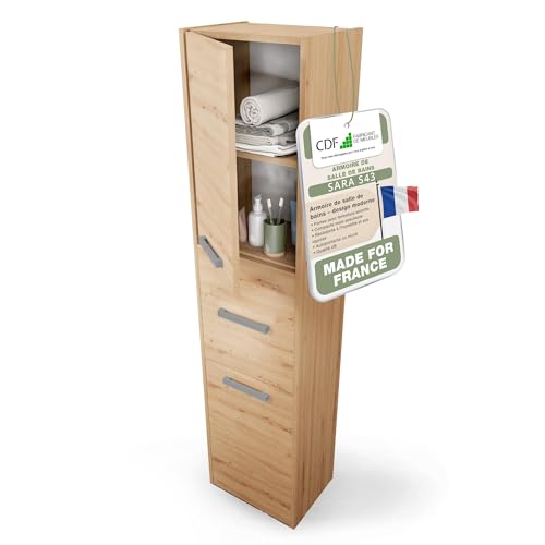 CDF Meuble de Salle de Bain – Colonne de Rangement étroite 40 x 30 x 170 cm avec Porte et étagères – Armoire Haute Moderne pour Salle de Bain – Chêne...