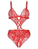 SulisVarkalente Lingeries for Women Deep V Teddy Lingerie Sexy Lace Bodysuit Cut Out One Piece Mini Babydoll (Red,XX-Large)