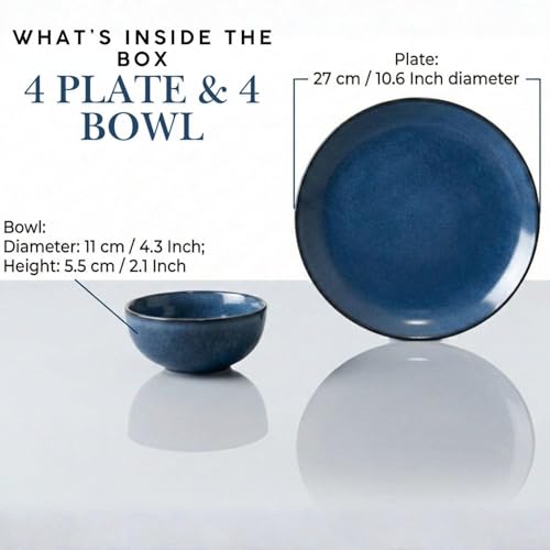 Image of Reactive Glaze Dinner Set, 8 Piece Stoneware Set, Midnight Blue, 4 Dinner Plates and 4 Serving Bowls