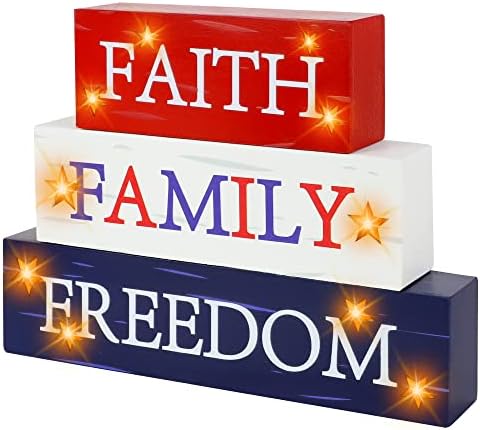 Patriotic Decorations Wooden Sign with Led Lights- 4th of July Lighted up Wooden Sign for Table Mantle- Patriotic Party Memorial Day Veterans Day Farmhouse Home Battery Operated Wooden Block Sign