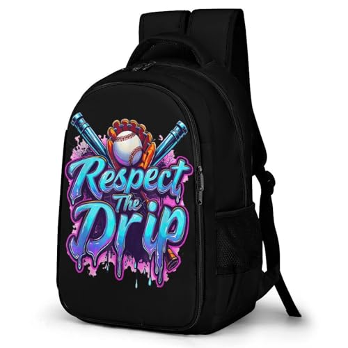 Baseball Respect The Drip Game Day Backpack Large Capacity Backpacks Leisure Travel Daypack 12.6X7.3X16.5 Inch