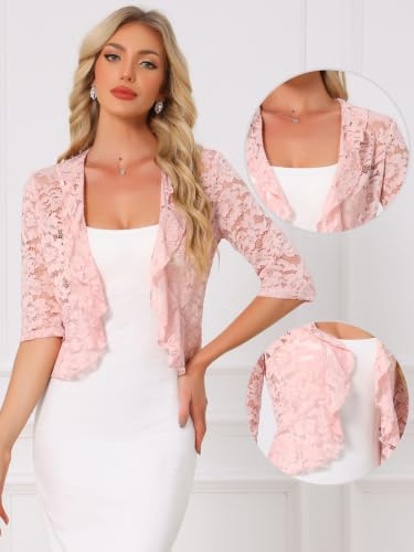 Image of Allegra K Lace Shrug for Women Bolero Tops Sheer Cardigan Open Front Half Sleeve Dressy Cover Up