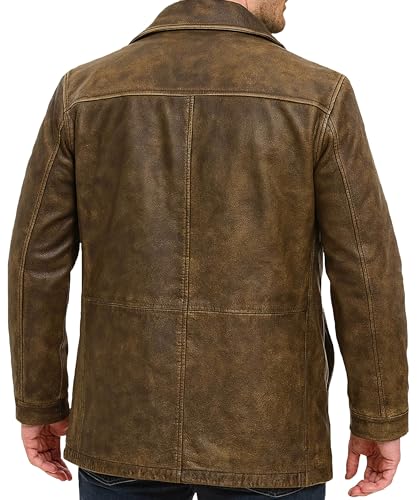Men’s 3/4 Mid-Length Genuine Leather Trench Blazer - Vintage Classic Hunter Style Long Leather Car Coat Jacket3