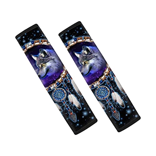 Dolyues Funda para cinturón de seguridad de coche con estampado de lobo tribal de atrapasueños, paquete de 2 almohadillas para correas de hombro para adultos Cover