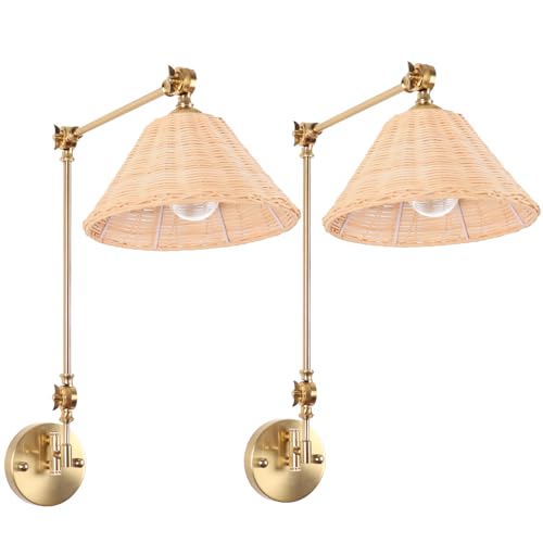 Image of Woven Hardwiring Wall Sconce Set of 2, Rattan Swing Arm Wall Lamp, Gold Vintage Bedside Light Fixture, Hand Woven Boho Sconces for Bedroom, Living Room.