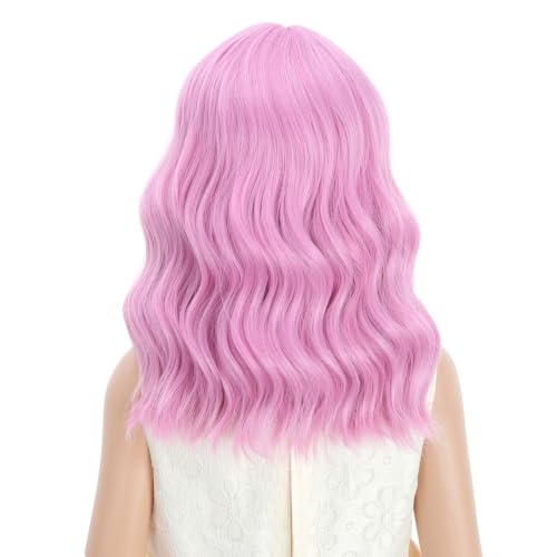 Image of PATTNIUM Light Pink Wig for Kids Short Wavy Pink Wig with Bangs Girls Synthetic Hair for Cosplay Costume