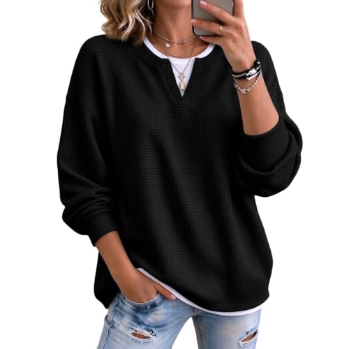 Waffle Tops for Women Faux Layered V Neck Henley Long Sleeve Women - image 1