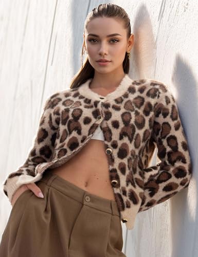 Arssm Womens Leopard Printed Cardigans 2024 Crewneck Printed Fluffy Sweaters Long Sleeve Fuzzy Sweater Knitwear3