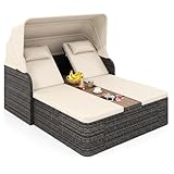 COSTWAY Polyrattan Doppelliege, Sonnenliege für 2 Personen, Gartenliege mit Dach, verstellbaren Rückenlehnen, Auflage, mittlerem Tisch & Getränkehaltern, Sonnenbett, Loungebett für Garten (Beige)