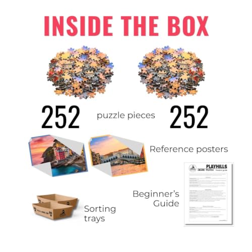 Image of World Wonders Series 2-in-1 252 Piece Jigsaw Puzzle Combo Pack - Cinque Terre & Italy & Sunset Rialto Bridge Venice Scenic Landscape Puzzles | Focus, Relaxation & Family Activity Gift Set