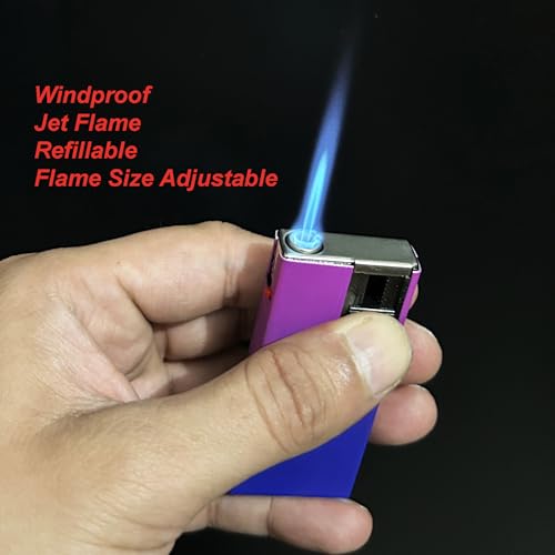 Image of Stainless Steel, Zinc Windproof Jet Flame Refillable Slide Button Cigarette Lighter Pocket Lighter (Purple-Blue)