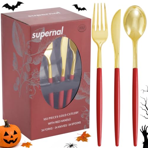 Supernal 102Pcs Red and Gold Plastic Silverware For Bridal Shower