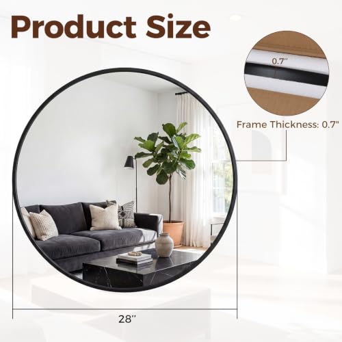 Image of Sweetcrispy 28 Inch Round Wall Mirror, Bathroom Mirrors for Over Sink, Matte Metal Framed Circle Vanity Mirror, Wall Decor for Bedroom, Entryway, Anti-Rust, Tempered Glass, Hanging or Leaning,Black
